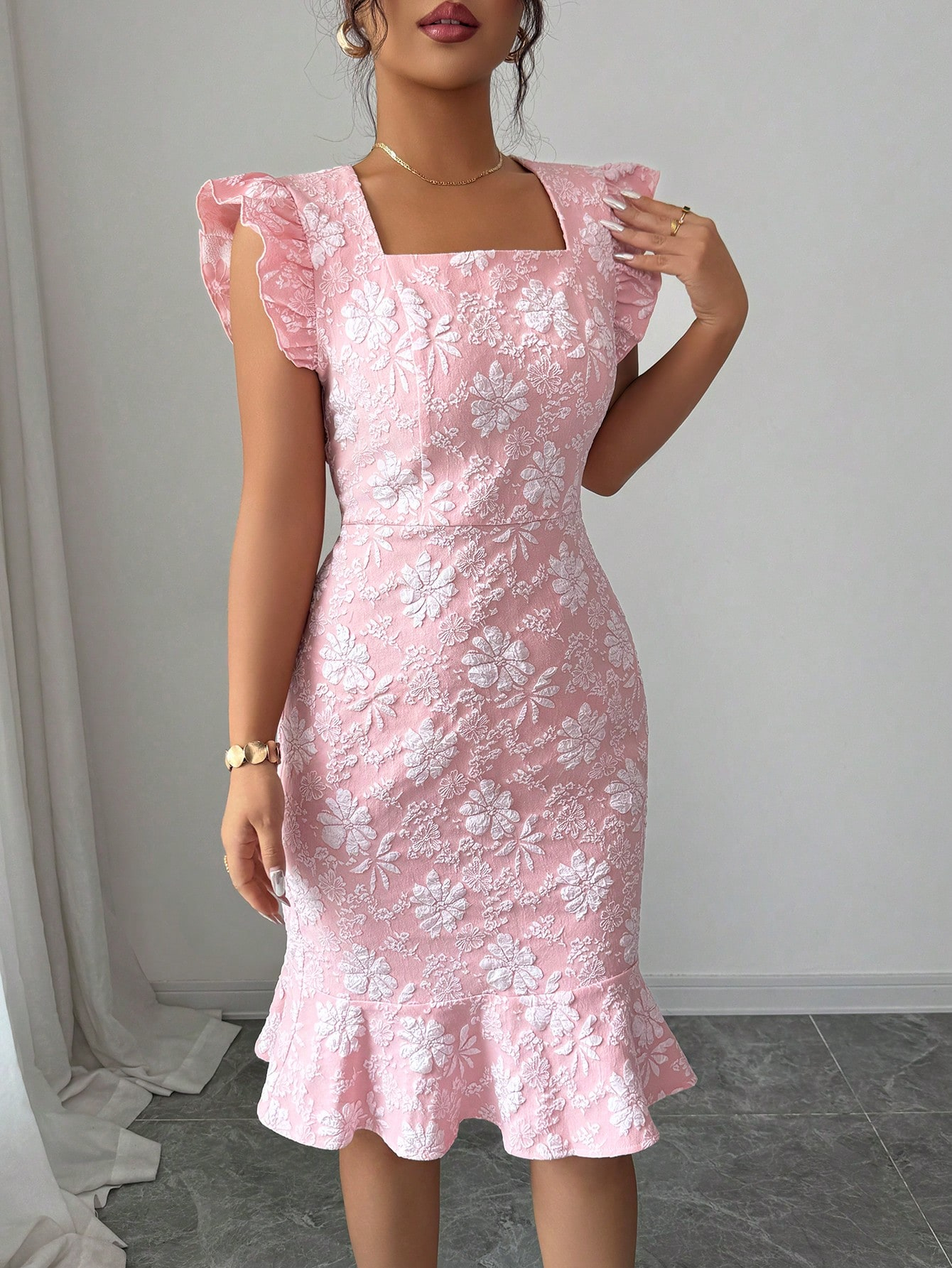 Pink Jacquard Square Neck Ruffle Bodycon Mini Dress, Elegant Casual Party Dress