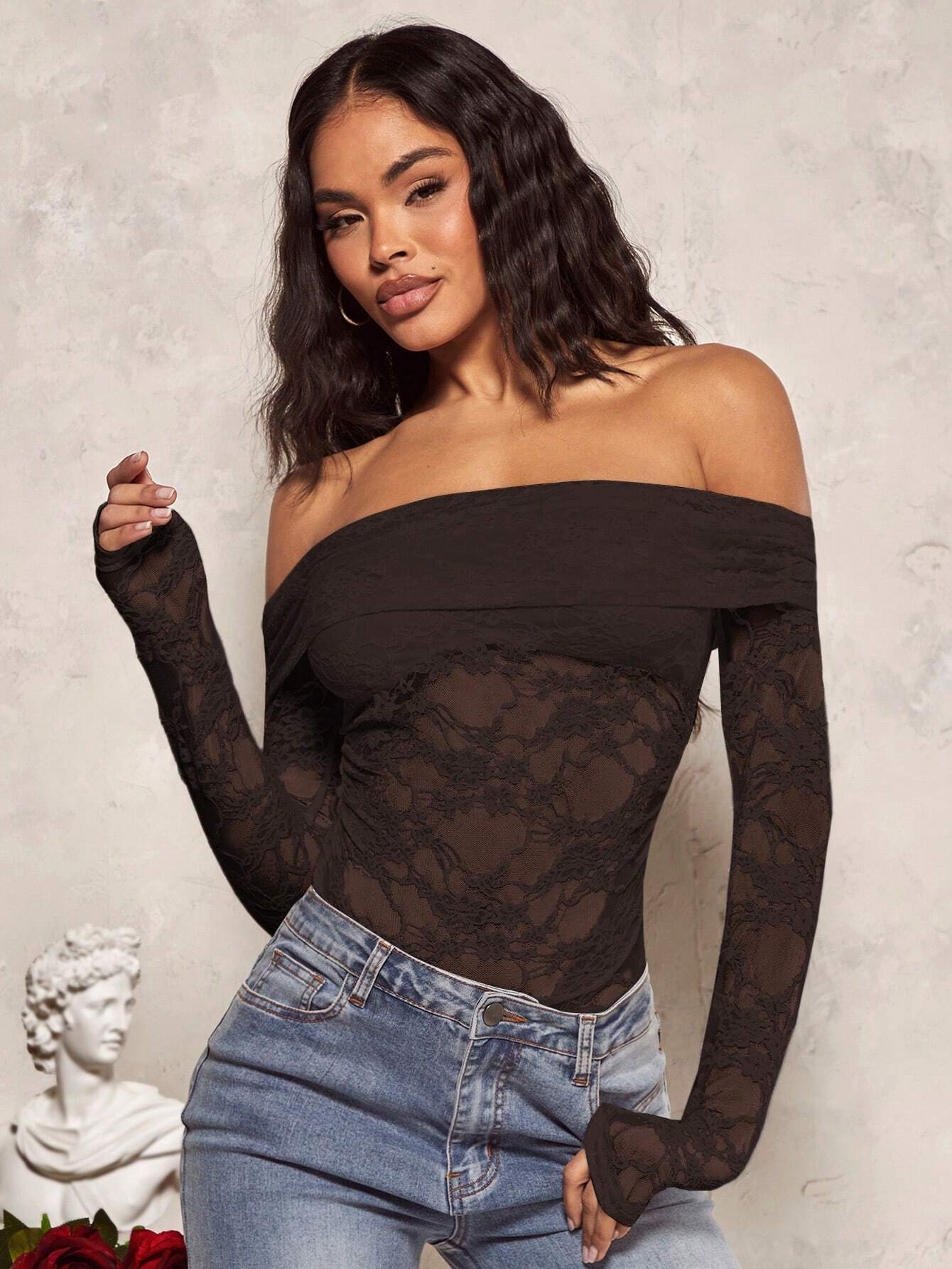 Brown single-shoulder lace through long-sleeved tailored top