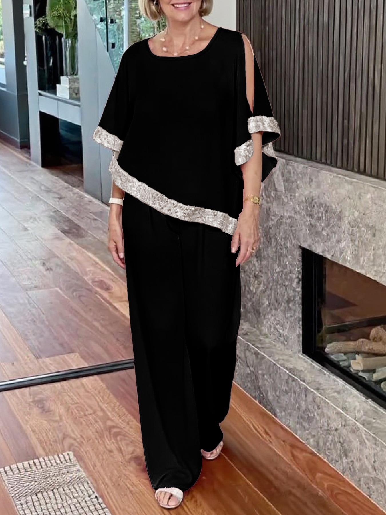 Woman in Pink Gold-Stitched Cloak-style Top and Wide-Legs Suit