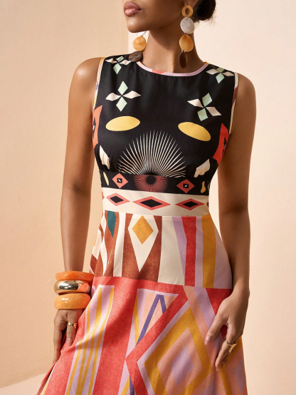 2026 Spring New Sleeveless Art Print Maxi Dress