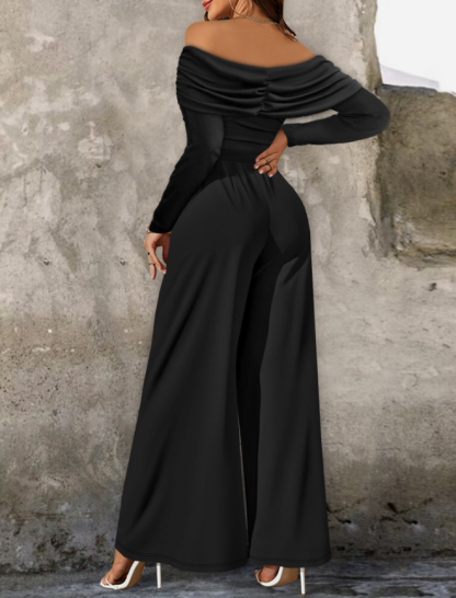 Woman's Off-the-Shoulder Long-Sleeve Embellished Waist Wide-Leg Jumpsuit-Aegean-sea