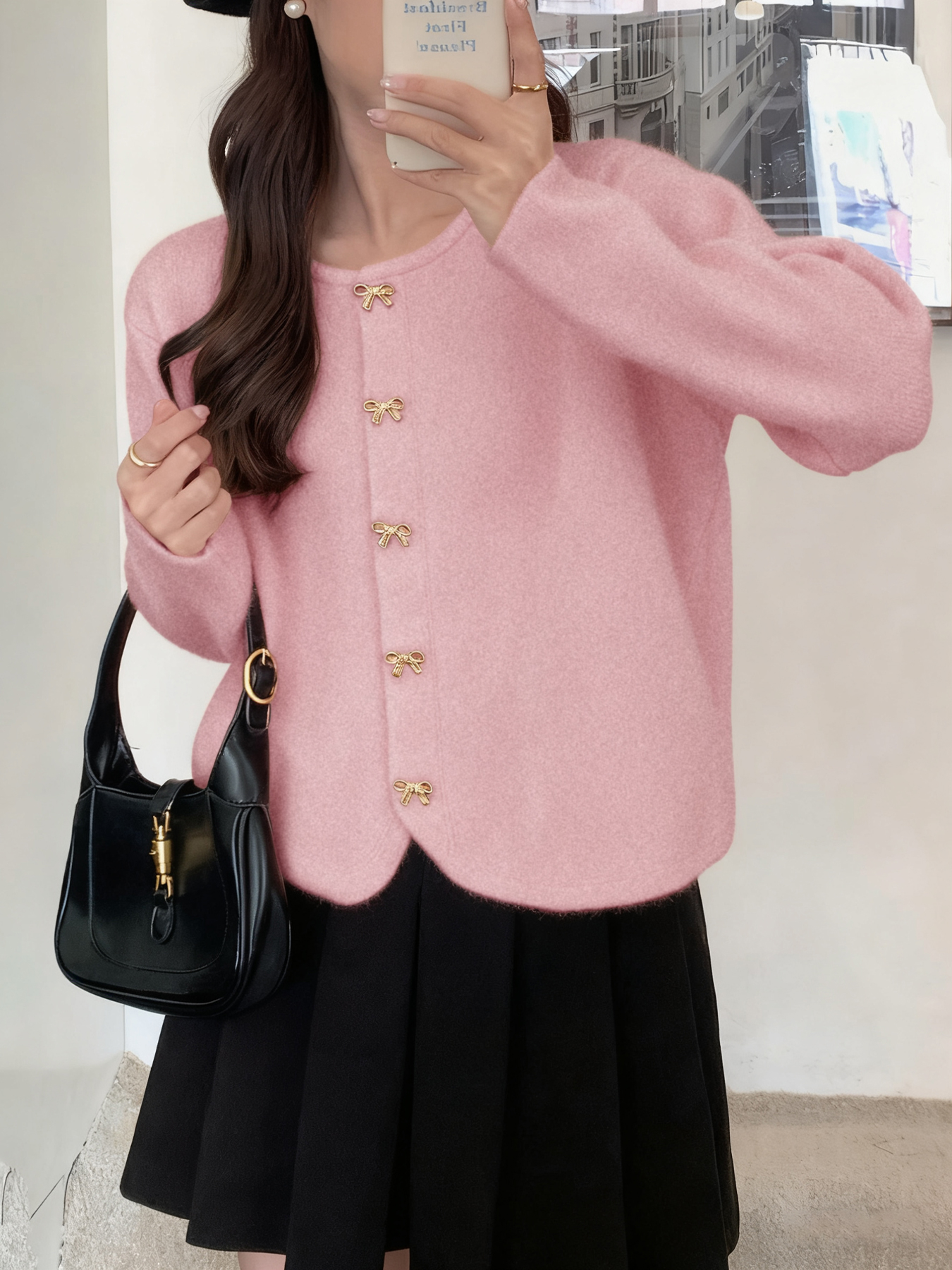 Cardigan de cuello redondo con botón abotonado cortado para mujer-Aegean-sea