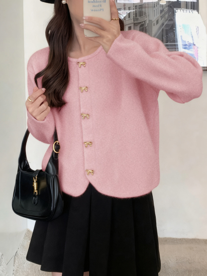 Cardigan de cuello redondo con botón abotonado cortado para mujer-Aegean-sea