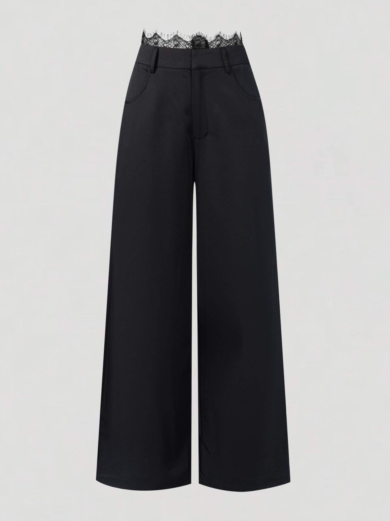 hot girl style high-waisted wide-legged pants. Lace-waisted work suit pants. Thin-looking charcoal-black pants.-Aegean-sea
