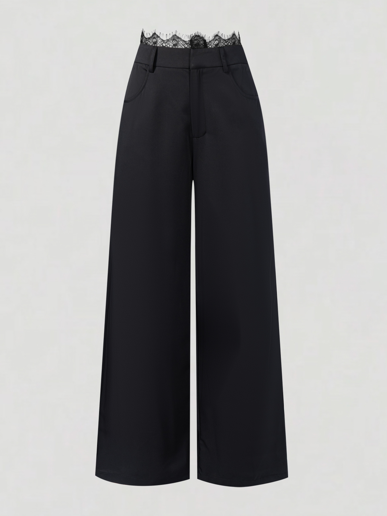 hot girl style high-waisted wide-legged pants. Lace-waisted work suit pants. Thin-looking charcoal-black pants.-Aegean-sea