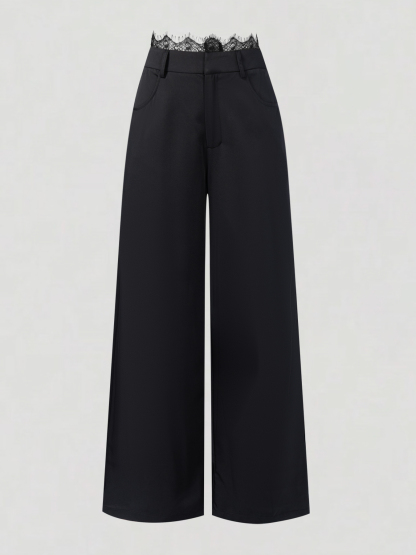 hot girl style high-waisted wide-legged pants. Lace-waisted work suit pants. Thin-looking charcoal-black pants.-Aegean-sea