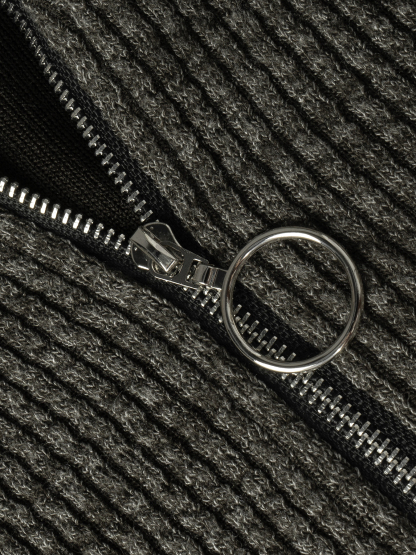 Gray Ribbed Half-Zip Polo Neck Knit Sweater-Aegean-sea