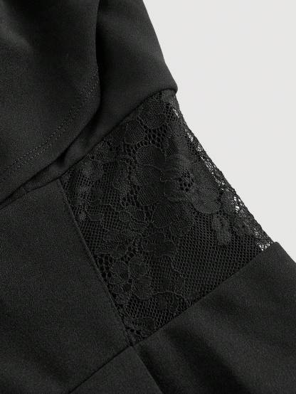 Women's Black Cowl Neck Lace-Insert Wide-Leg Jumpsuit-Aegean-sea