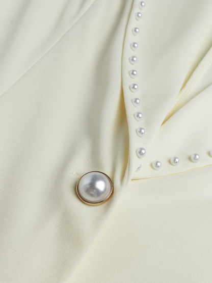 Elegant Cream Fitted Blazer with Pearl-Trimmed Lapel & Slim Waist-Aegean-sea