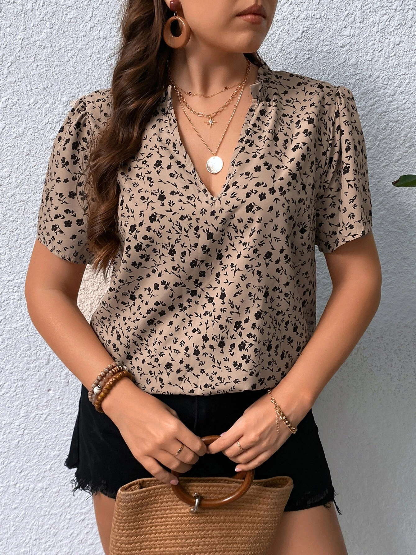 Woman's Light Khaki Black Ditsy Floral V-Neck Short-Sleeve Top | Loose Drape Chiffon Office Blouse-Aegean-sea