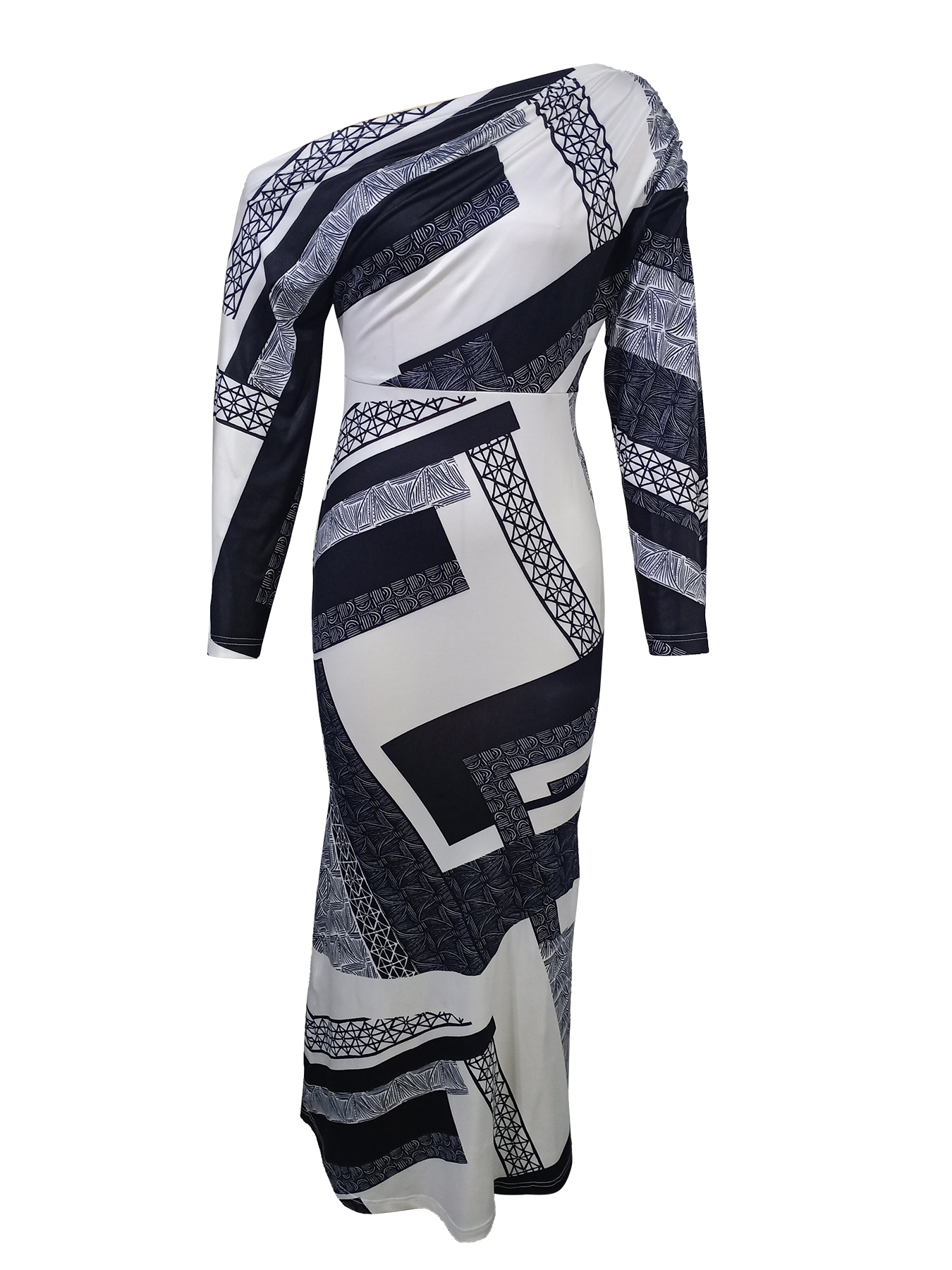 Black-and-white geometric-patterned slouch-shouldered women‘s dress Long-sleeved, body-fitting, hip-length skirt