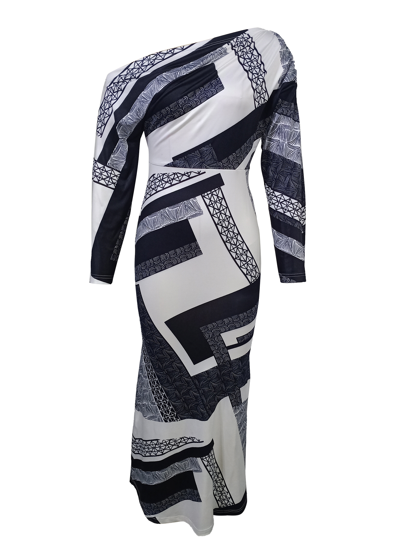 Black-and-white geometric-patterned slouch-shouldered women‘s dress Long-sleeved, body-fitting, hip-length skirt