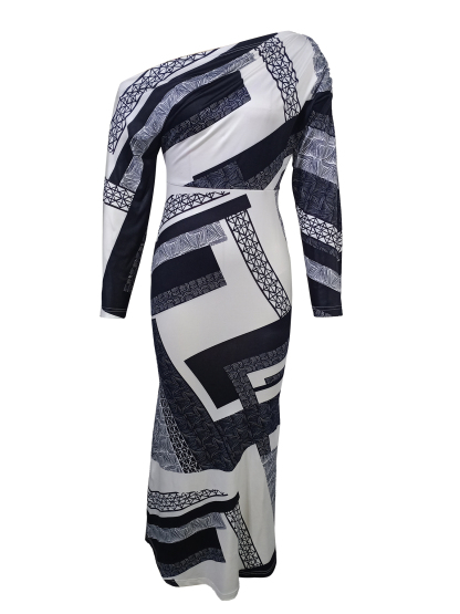 Black-and-white geometric-patterned slouch-shouldered women‘s dress Long-sleeved, body-fitting, hip-length skirt