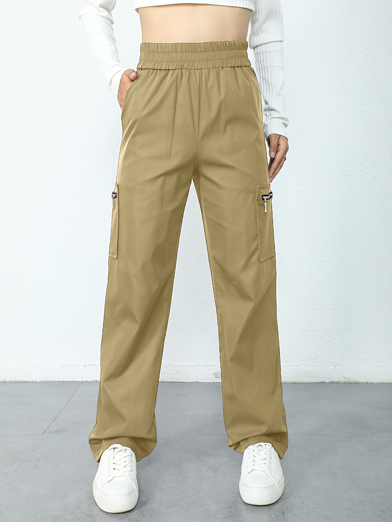Woman's High Waist Elasticated Cargo Pants with Zipper Pockets-Aegean-sea