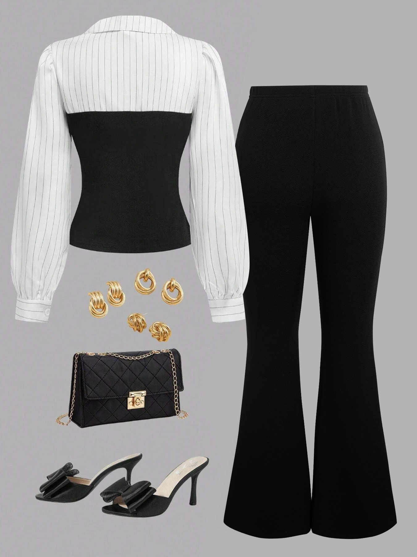 Woman's White Striped Sleeve Bustier Top & Black High-Waisted Flared Pants Two-Piece Set-Aegean-sea