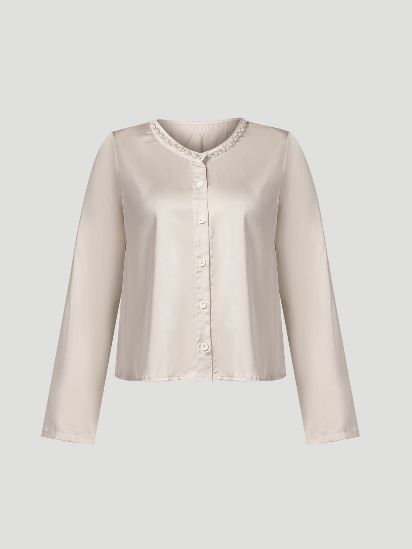 Beige Satin V-Neck Blouse with Pearl Trim-Aegean-sea