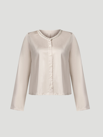 Beige Satin V-Neck Blouse with Pearl Trim-Aegean-sea
