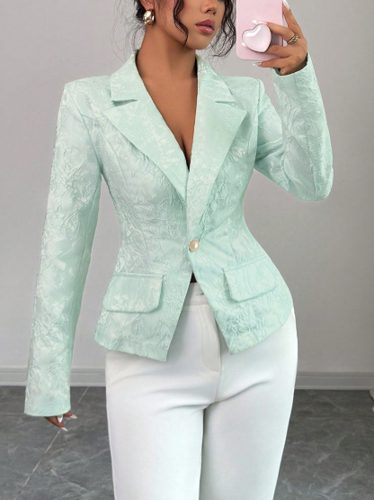 Woman's Jacquard Waist-Cinched Blazer : Pearl Button Elegant Commute Blazer