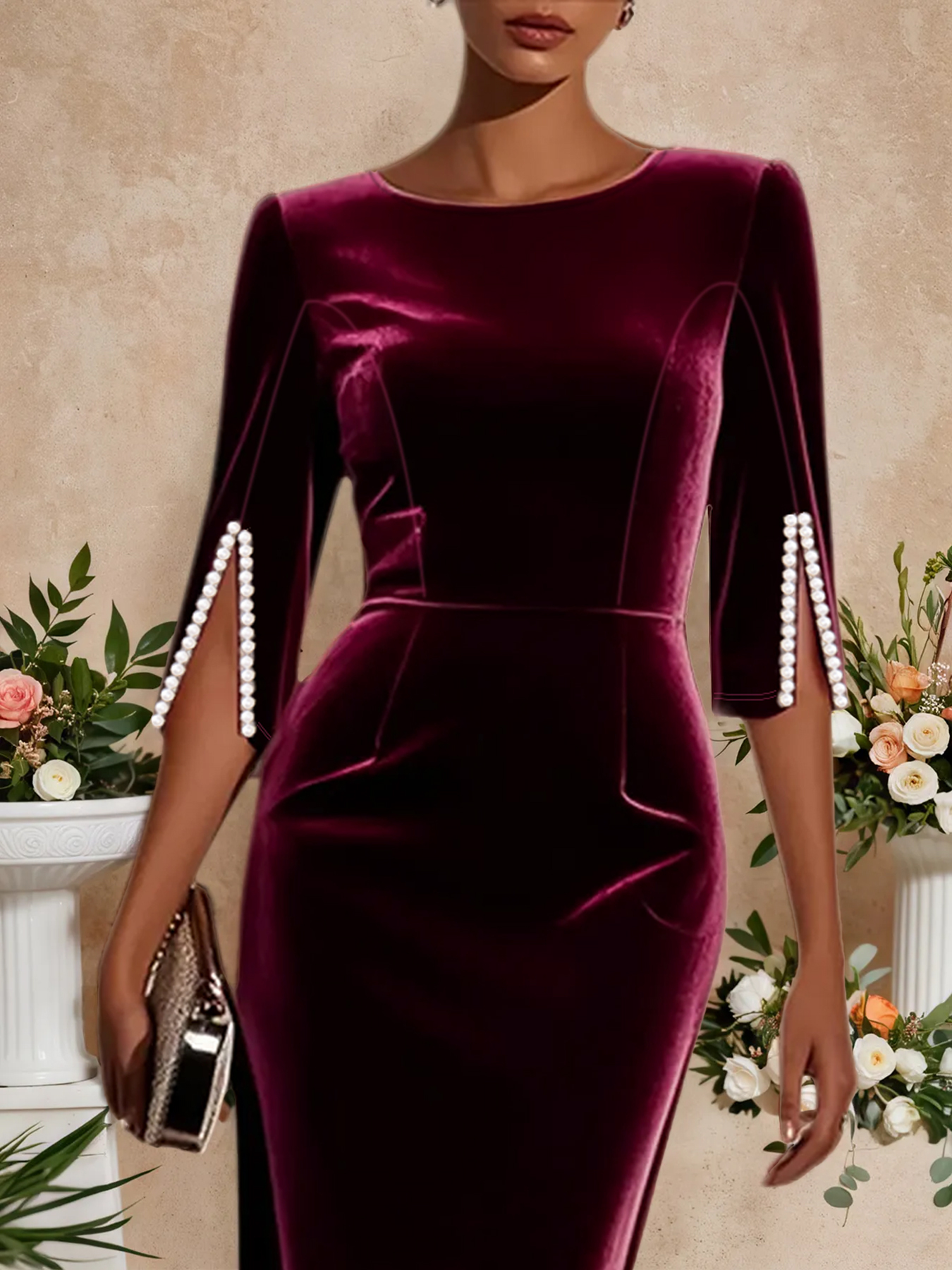 Woman's Burgundy Velvet Round Neck Midi Dress with Pearl-Embellished Sleeves-Aegean-sea