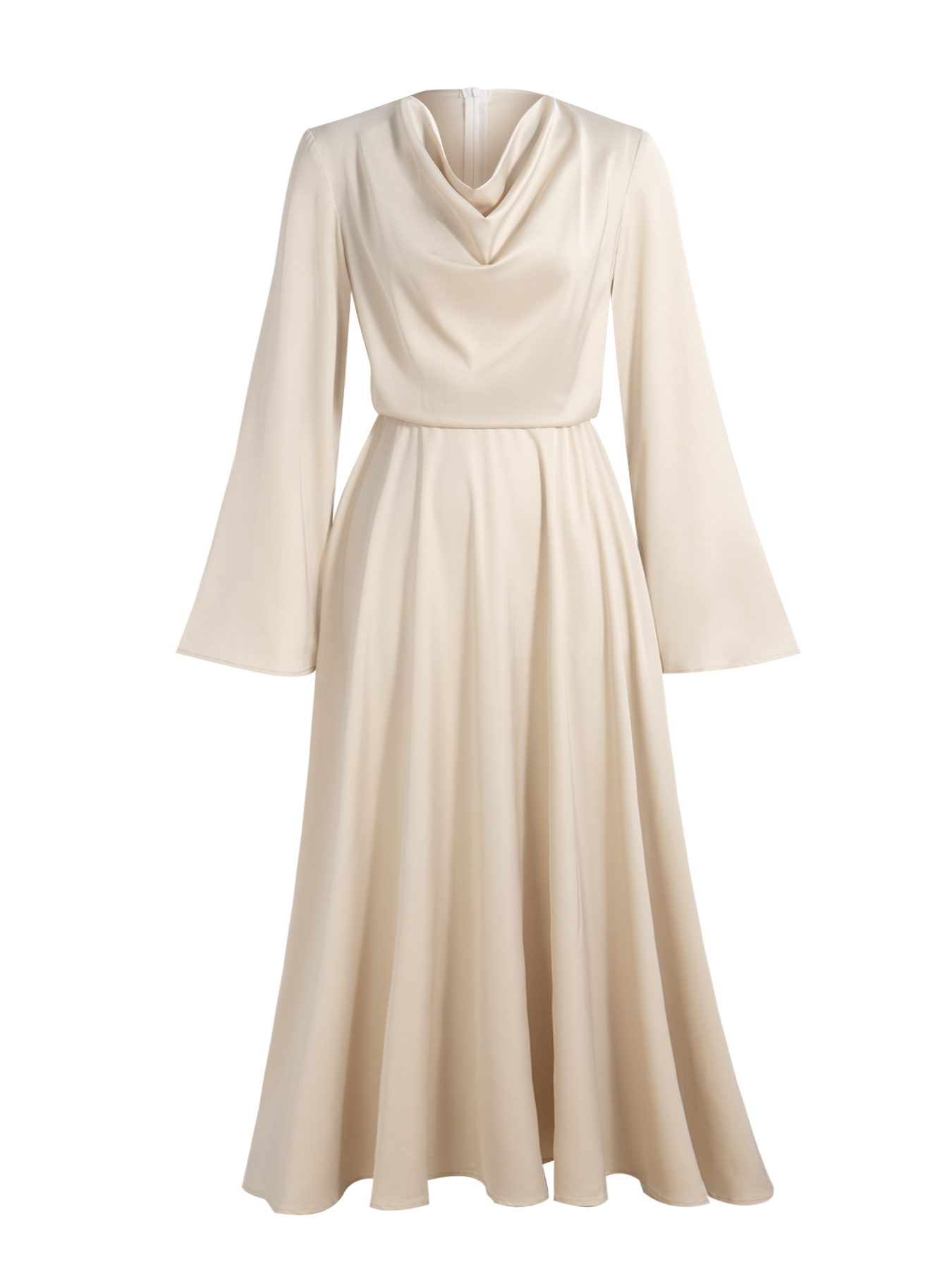 Light Beige Satin Cowl Neck Maxi Dress with Bell Sleeves and Drawstring Waist-Aegean-sea