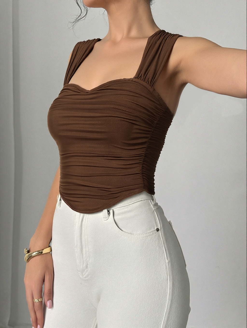 Woman's Brown Ruched Sweetheart Neck Wide Strap Crop Top-Aegean-sea
