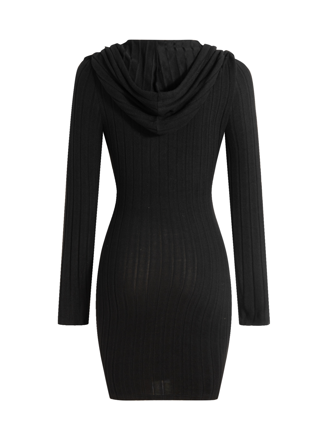 Minivestido con capucha de punto ribeteado negro con cordón ajustado para mujer-Aegean-sea