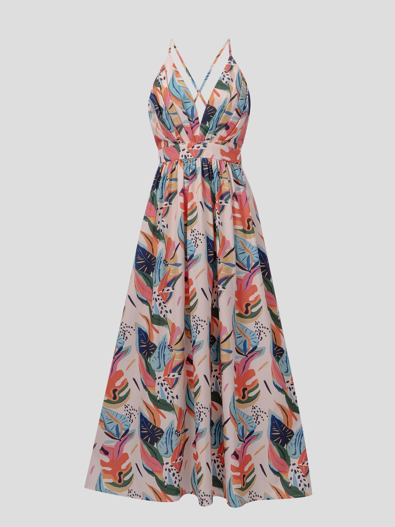 Tropical Plant Print Halter V-Neck Maxi Dress, Vacation Style Dress