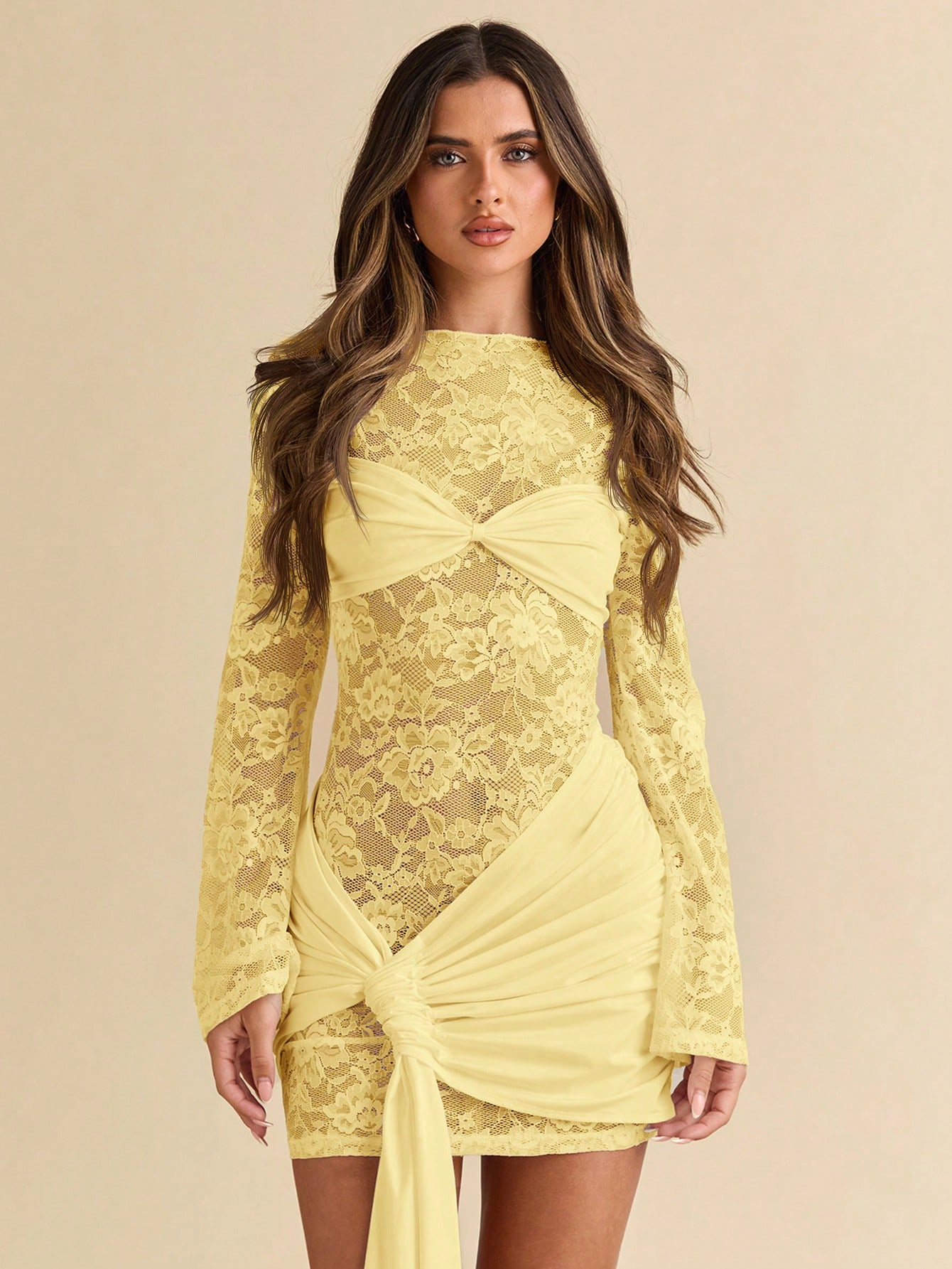 Woman's Light Yellow Lace Long Sleeve Bow Knot Mini Dress