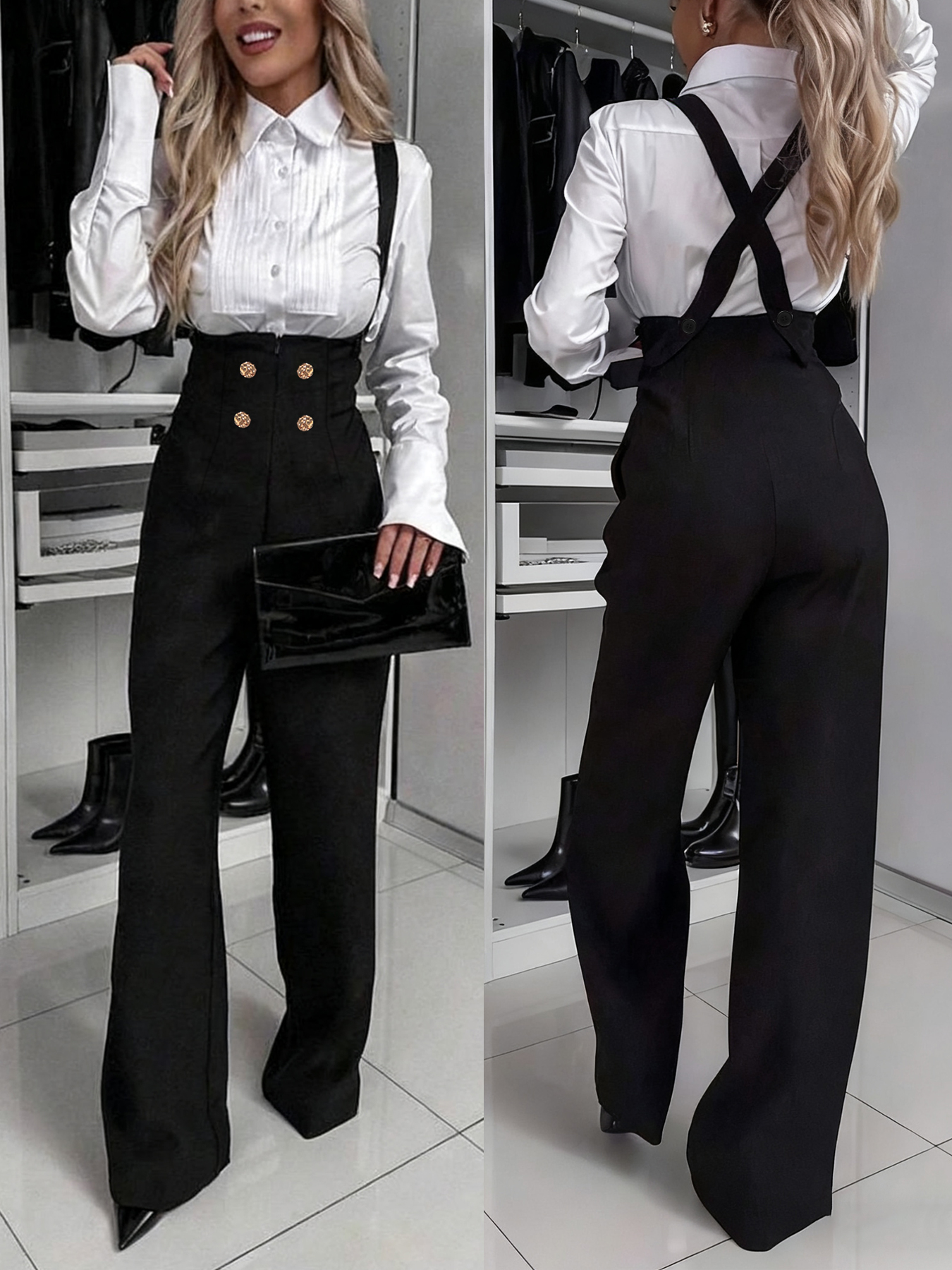 Woman's Decorative Double-Breasted High-Waist Suspender Wide-Leg Pants-Aegean-sea