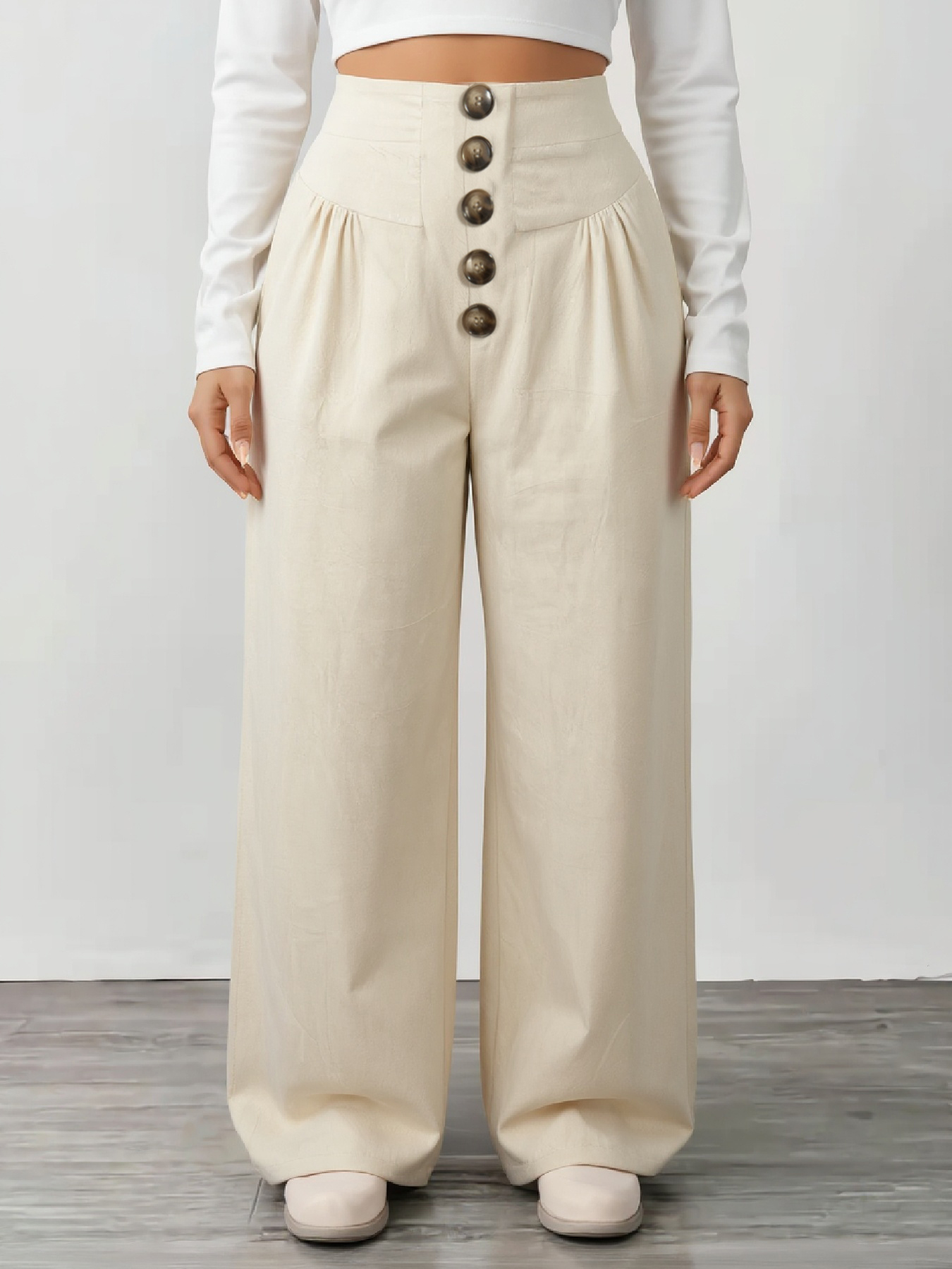 Beige single-breasted high-waisted wide-legged pants for women loose-fitting slim-looking drooping casual pants