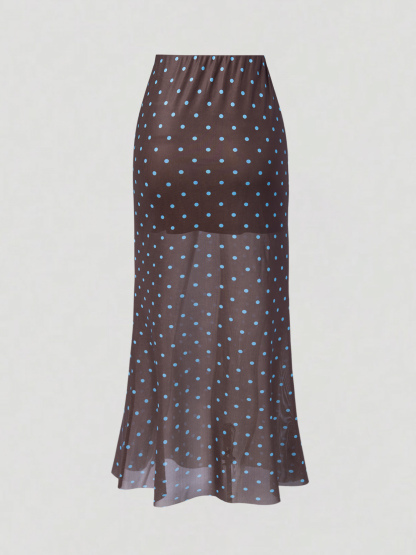 Brown-Wave Dot Perspective Pairing Half-length Skirt for Women High-Waisted Sleight-of-Way Popped Fish Tail Long Skirt