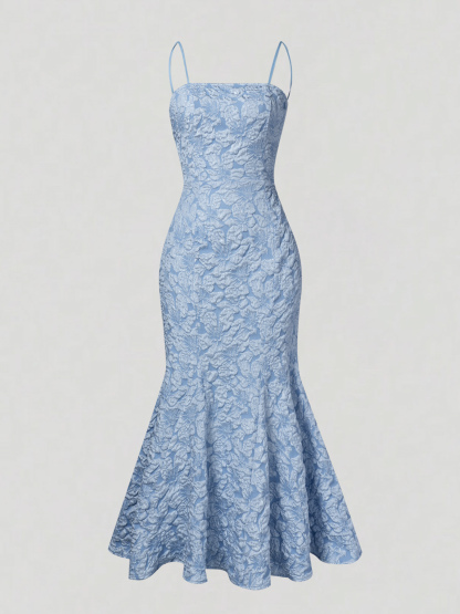 Women's Spaghetti Strap Floral Jacquard Mermaid Maxi Dress - Square Neck Bodycon Evening Gown