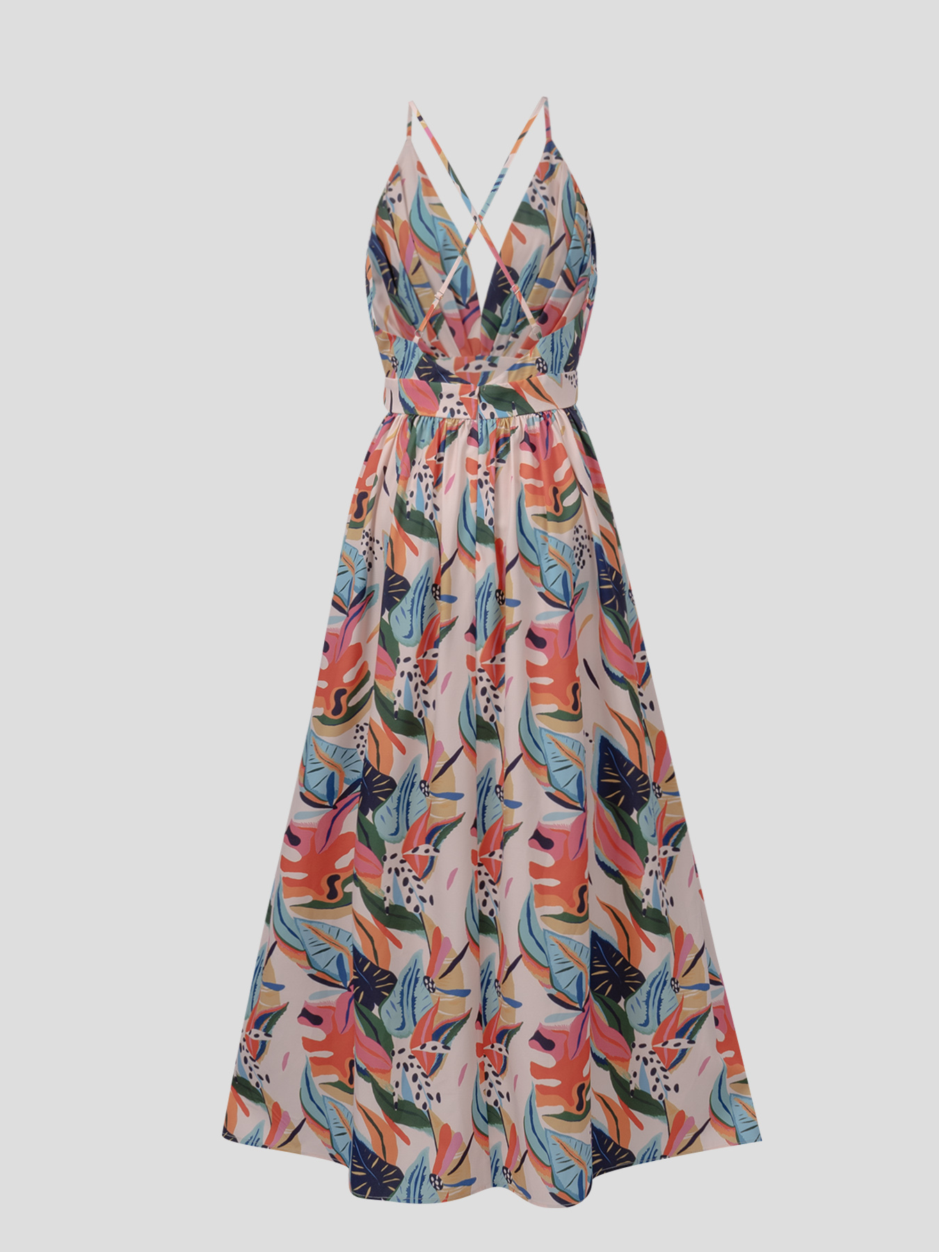 Tropical Plant Print Halter V-Neck Maxi Dress, Vacation Style Dress