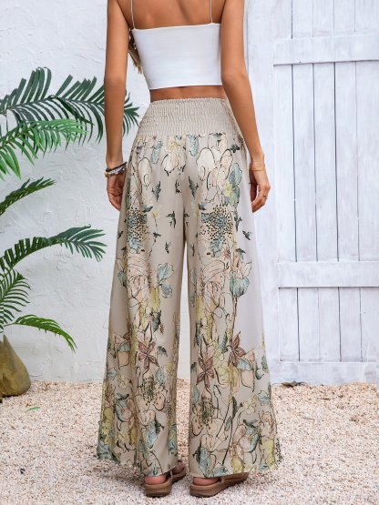 Women's Floral Print Smocked Waist Wide Leg Pants-Aegean-sea