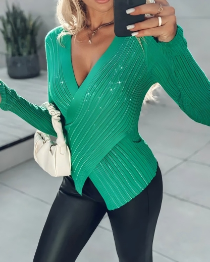 Manga larga de cuello en V para mujer Top cruzado ribeteado-Aegean-sea