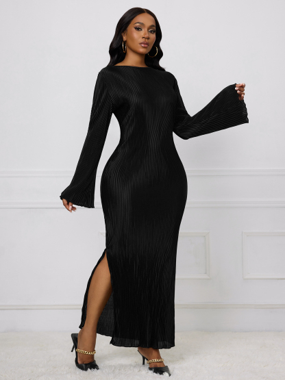 Woman's Long Sleeve Maxi Dress with Bell Sleeves, Vertical Pleats and Side Slit-Aegean-sea