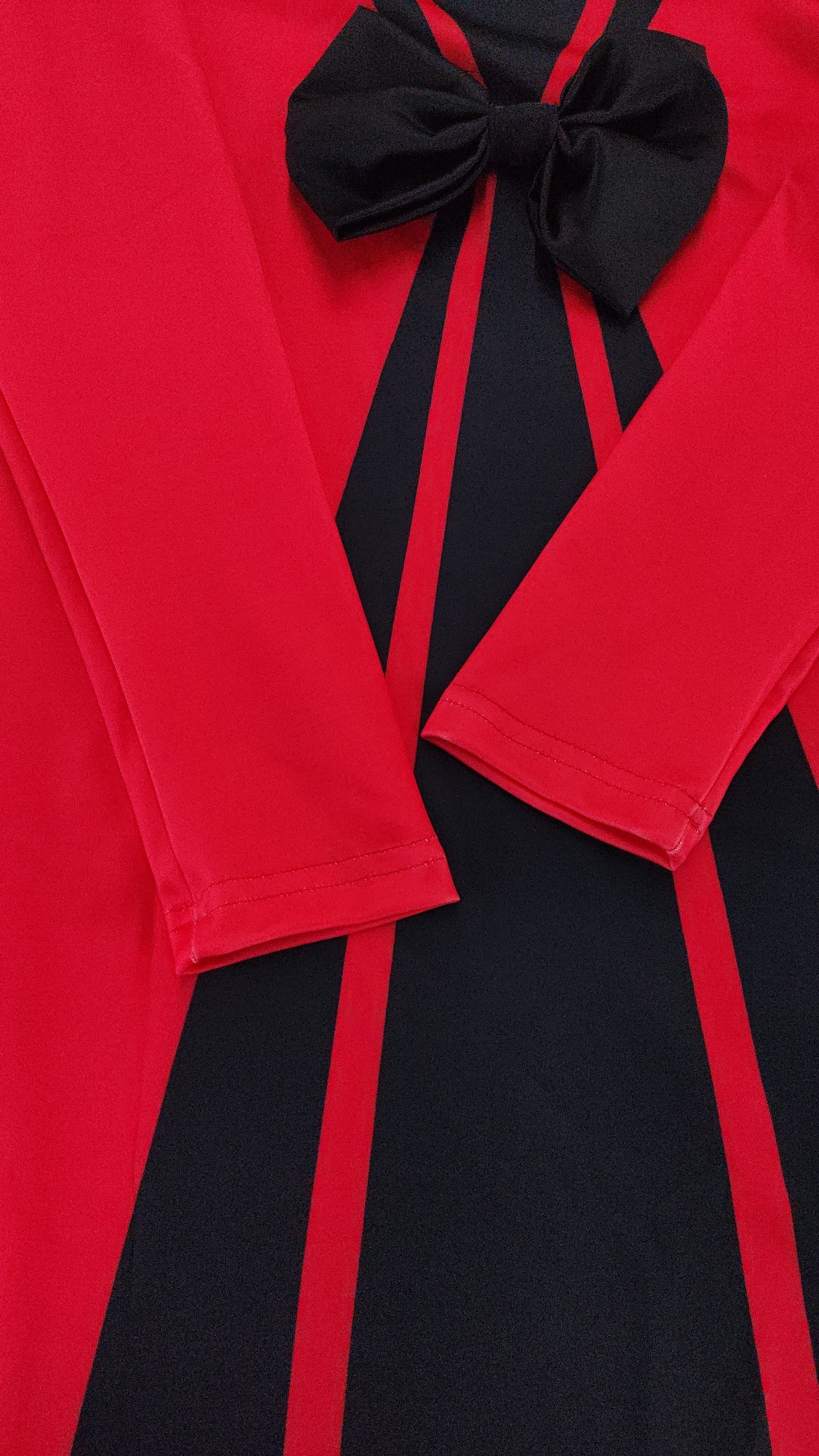 Women's Red and Black Contrast Bow - Front Long Sleeve Dress-Aegean-sea