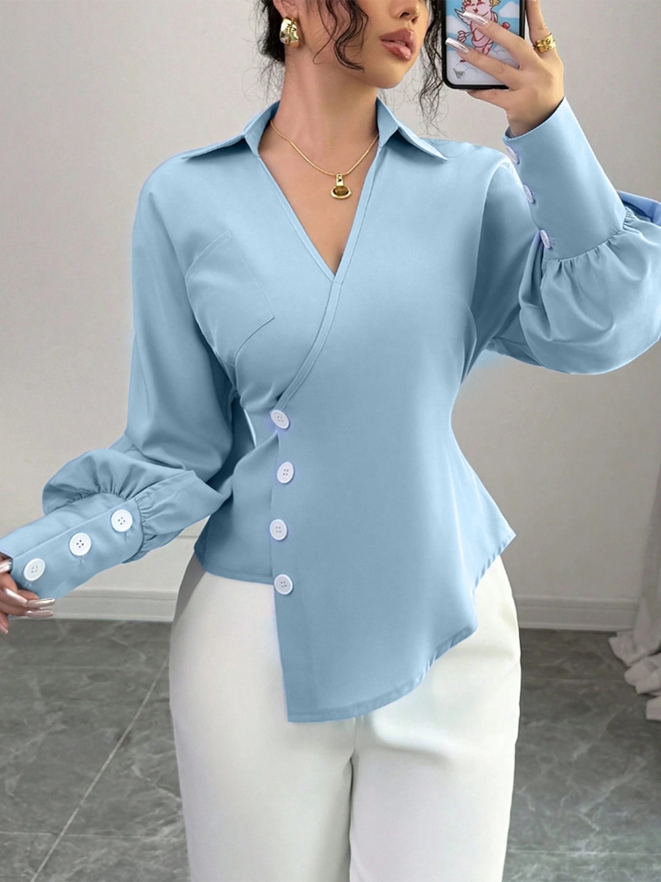 Woman's Light Blue Wrap Blouse with Ruffled Waist, Puff Sleeves and Side Buttons-Aegean-sea