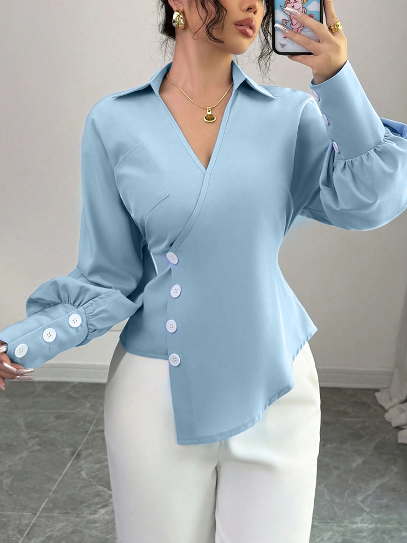 Woman's Light Blue Wrap Blouse with Ruffled Waist, Puff Sleeves and Side Buttons-Aegean-sea