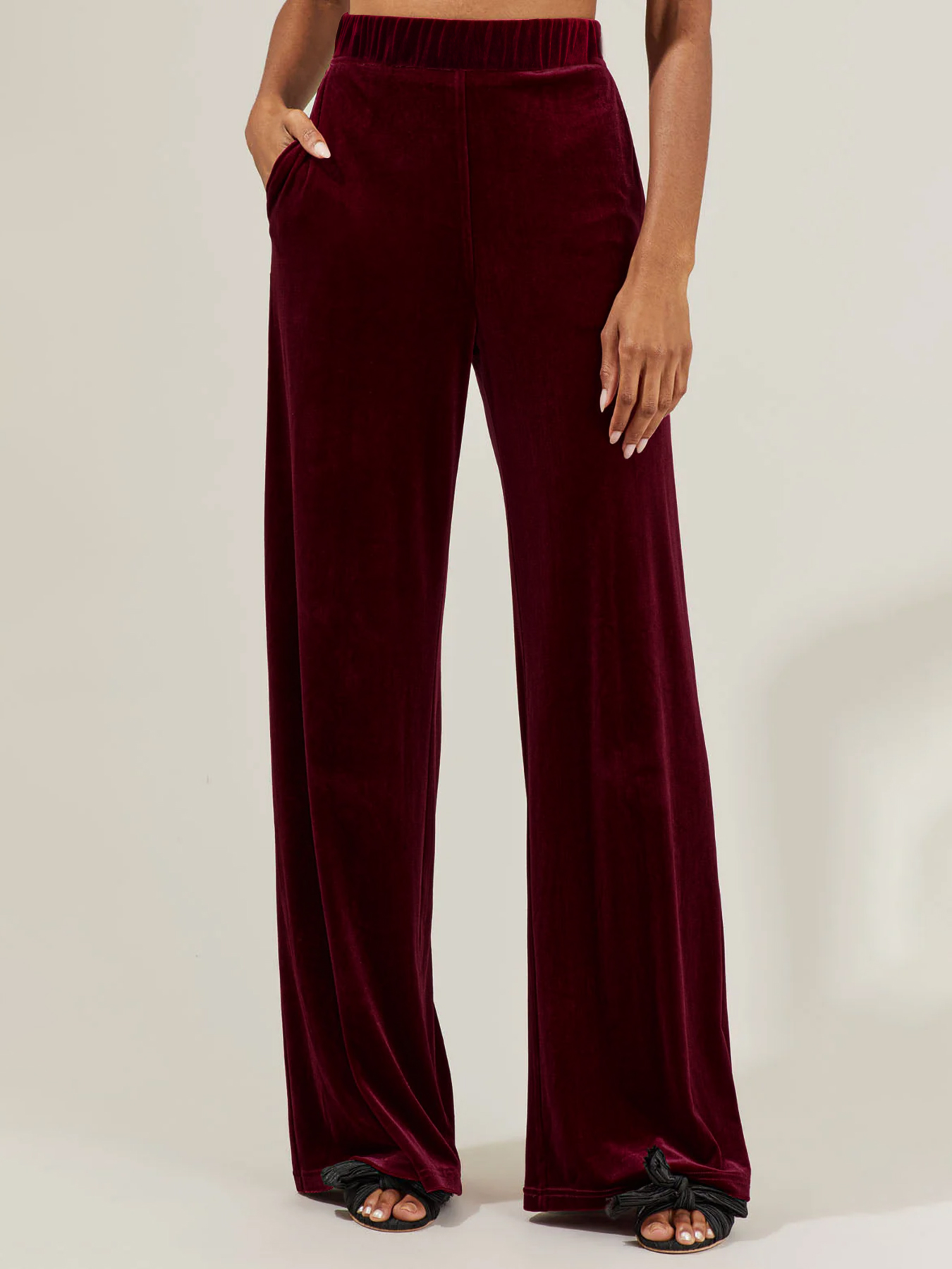 Woman's Burgundy Velvet High-Waisted Wide-Leg Pants-Aegean-sea
