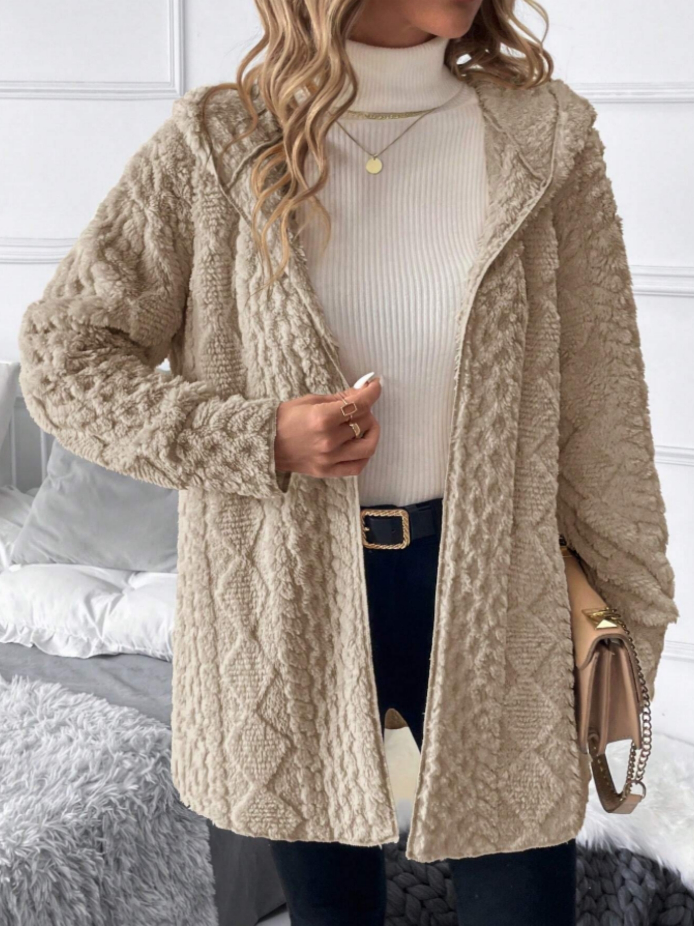 Woman's Soft Lazy Style Khaki Fleece Hooded Coat: Autumn-Winter Warm Mid-Length Textured Zip-Up Coat-Aegean-sea