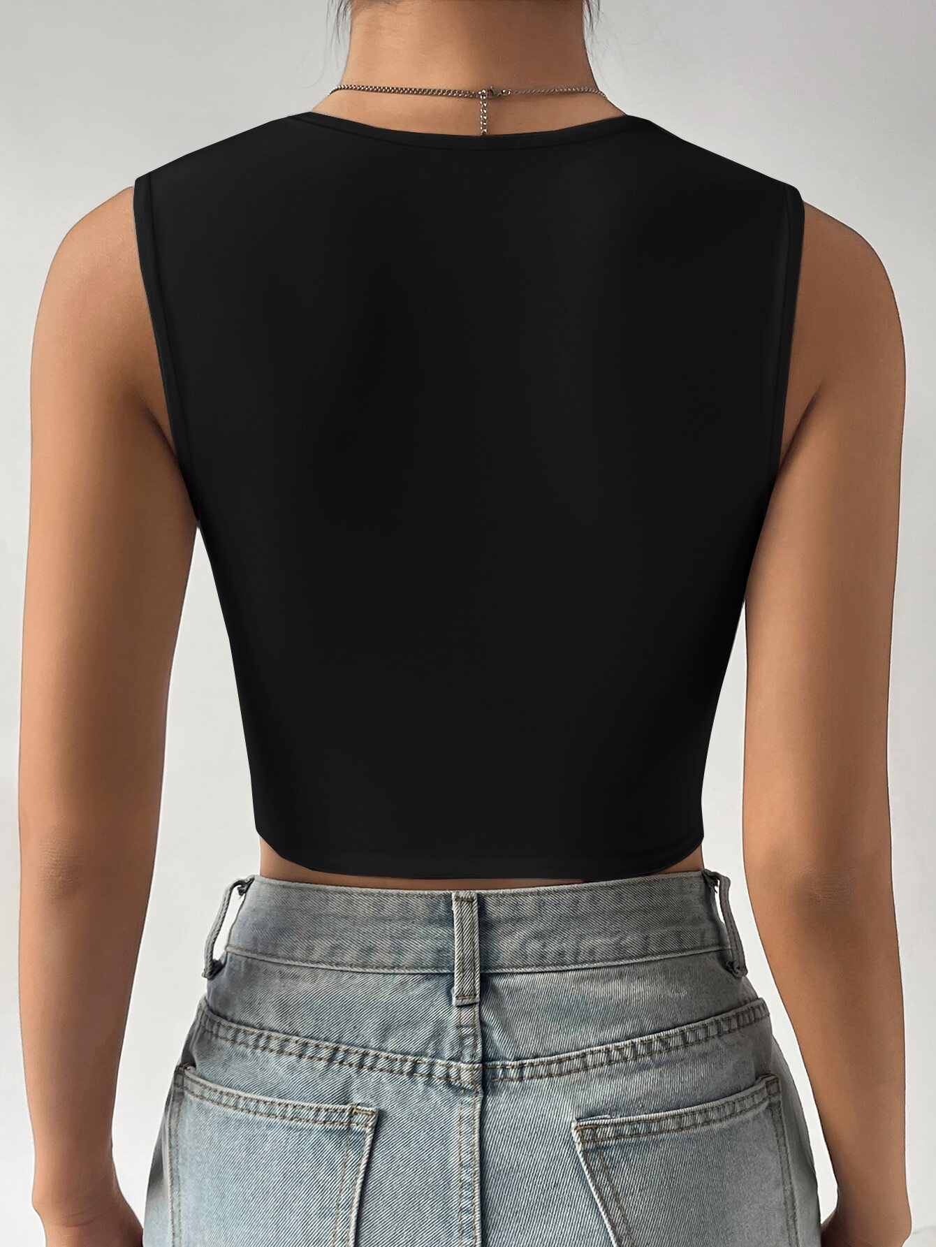 Women's Black Square Neck Cropped Tank Top-Aegean-sea