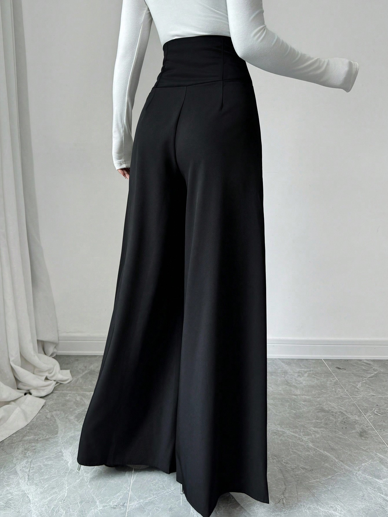 Women's Black High-Waisted Wide-Leg Pants with Gold Button Detail-Aegean-sea