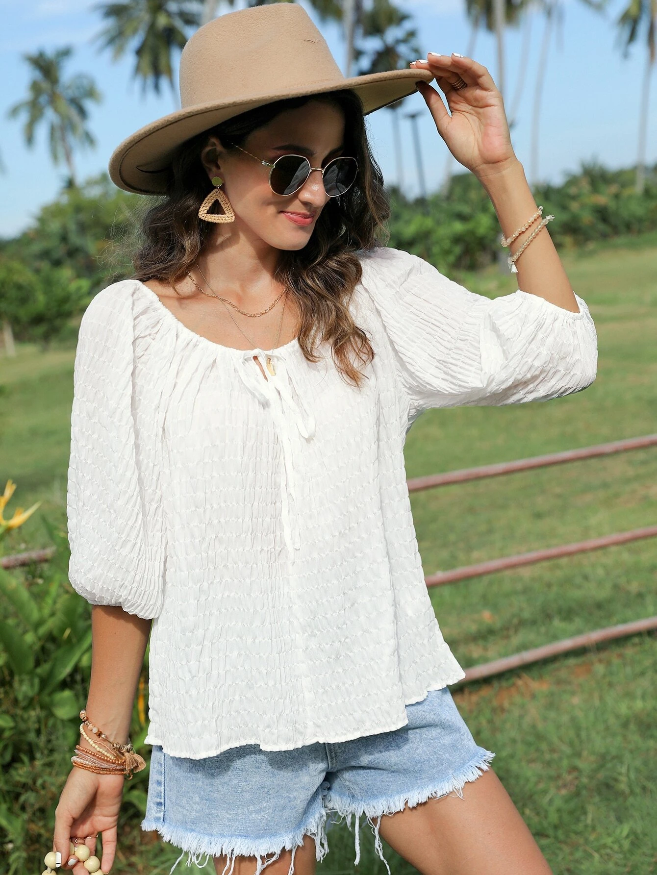 Woman's White Textured Tie Neck Puff Sleeve Boho Top-Aegean-sea