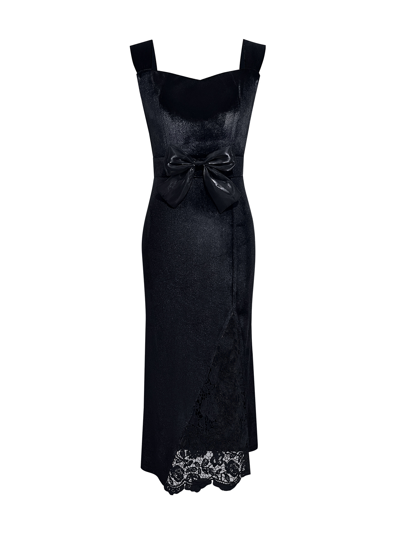 Women's Black Velvet Sweetheart Neck Maxi Dress with Lace Slit and Bow Detail-Aegean-sea