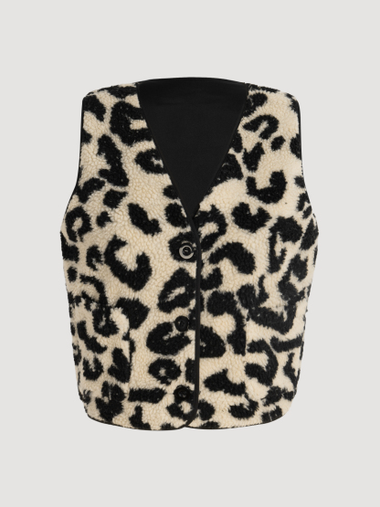 Woman's Beige & Black Leopard Print Shearling Vest-Aegean-sea
