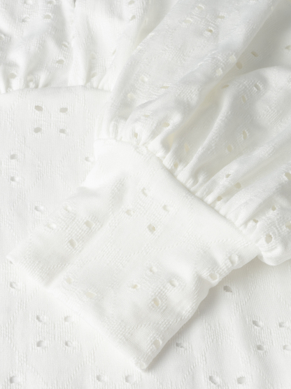 Woman's Eyelet Embroidery V-Neck Puff Sleeve Ruched Waist Blouse-Aegean-sea