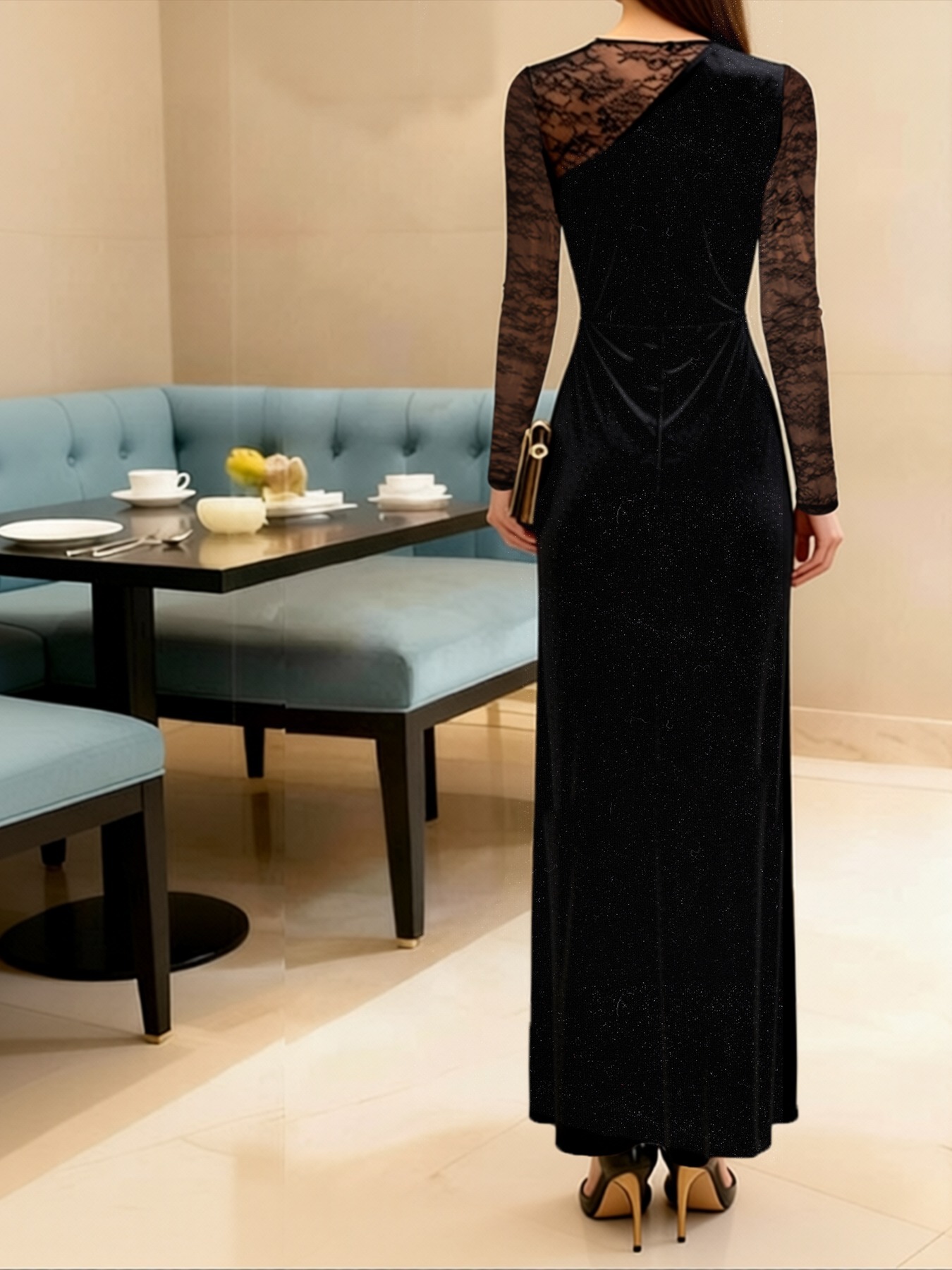 Black Velvet Lace Dress Split-Cut Long Dress Dress Sexy Long-Sleeve Bundle Tail Dress with Dinner Party Attitude