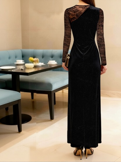 Black Velvet Lace Dress Split-Cut Long Dress Dress Sexy Long-Sleeve Bundle Tail Dress with Dinner Party Attitude