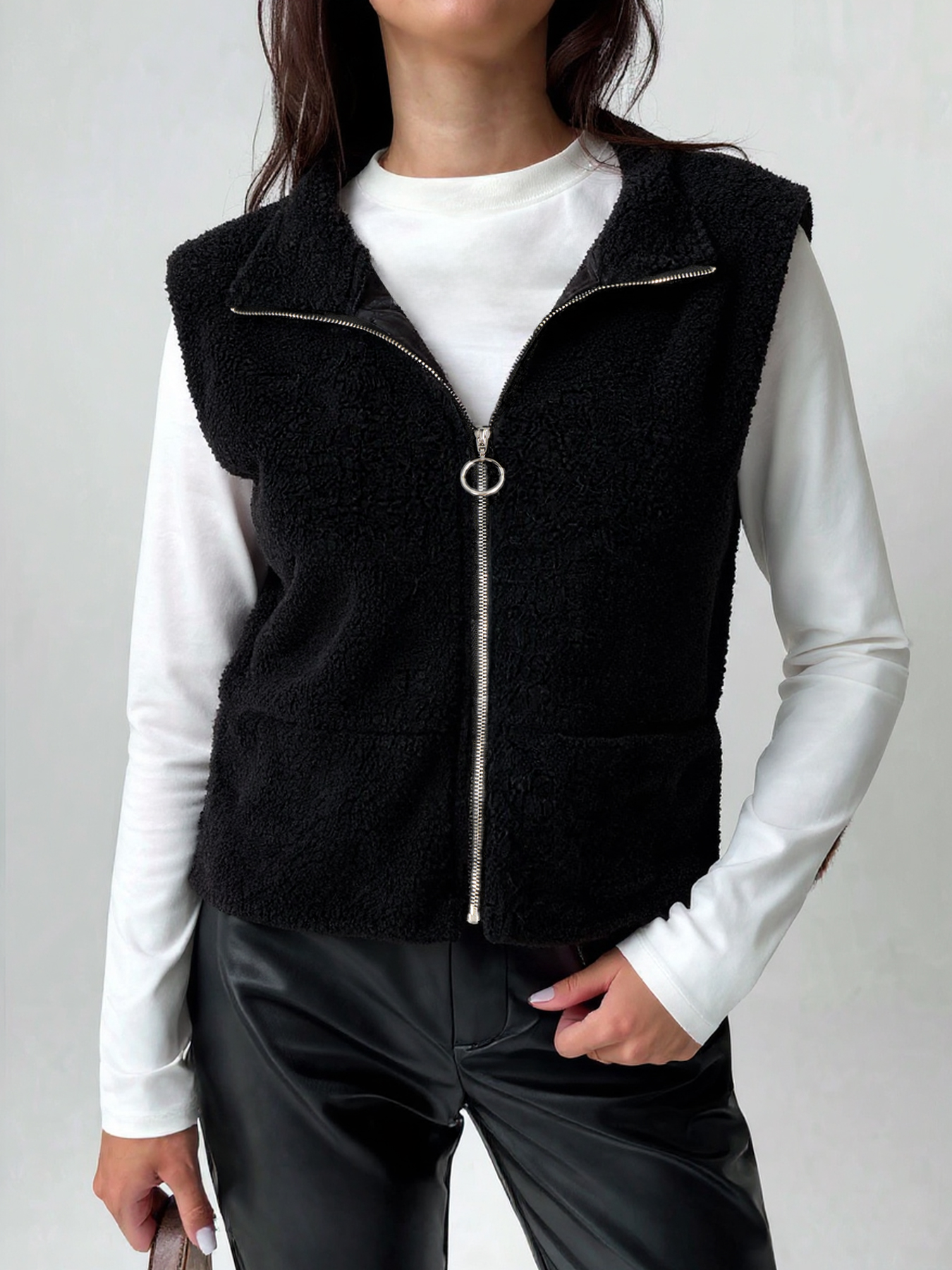 Fleece Lined Black Zip-Up Vest-Aegean-sea